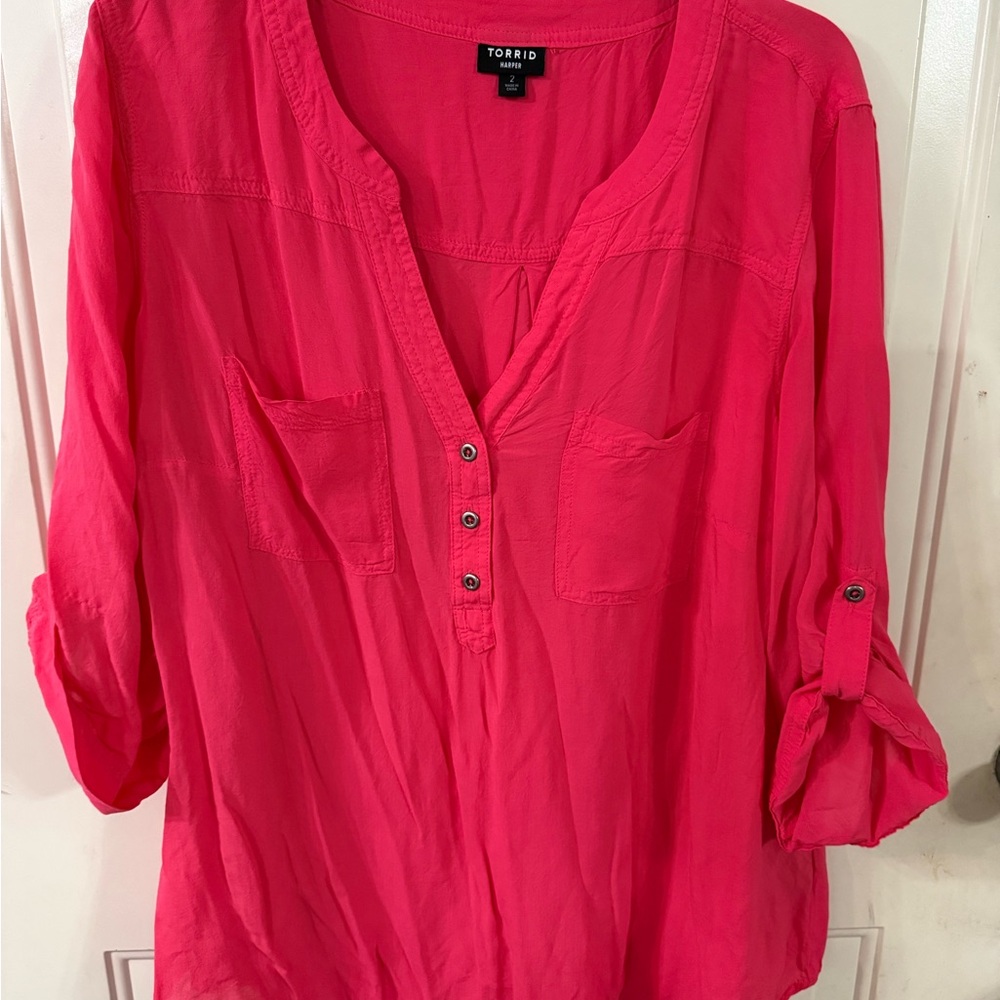 Torrid Bright Pink Harper 3/4 sleeve Blouse with pockets.